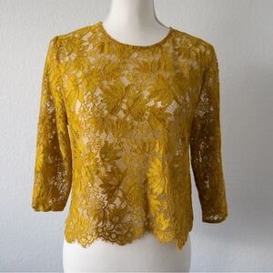 Zara Mustard Yellow Floral Lace Sheer Blouse Size Large